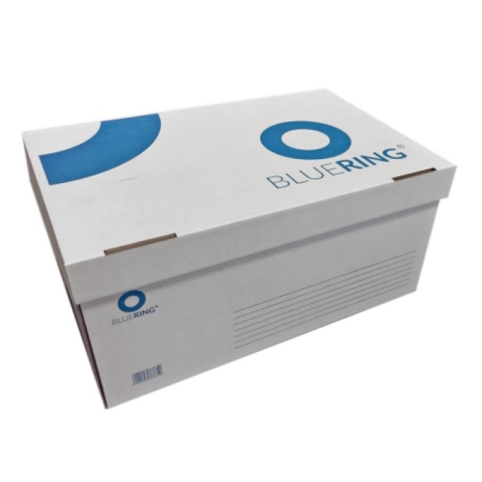 Archiváló konténer karton doboz fedeles 54x36x25cm, felfelé nyíló tetővel Bluering® fehér-kék